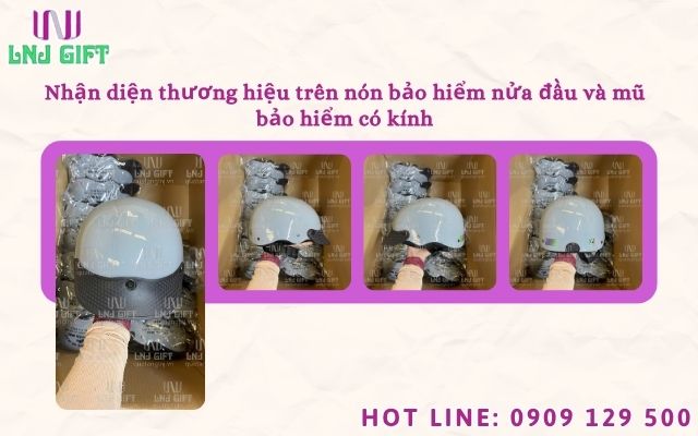 Nhận diện thương hiệu trên nón bảo hiểm nửa đầu và mũ bảo hiểm có kính